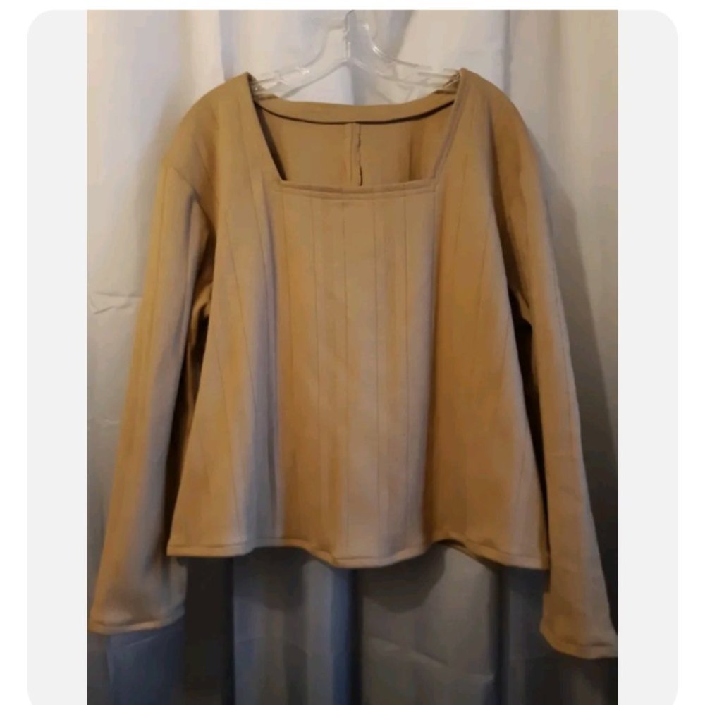 Square neck Dressy T-shirt Top PXL Toffee Brown ribbed knit Long sleeve